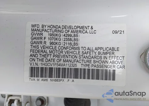 2021 Honda Accord Ex-L from USA, damaged, VIN 1HGCV1F54MA112325